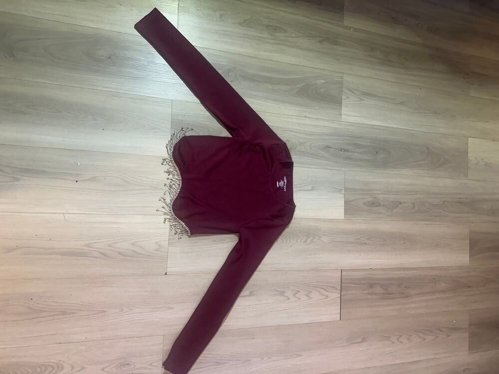 Harper & Ivy Rhinestone Fringe Crop Top Burgundy Ribbed Long Sleeve